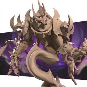 May include: A tan-colored, unpainted resin figurine of a humanoid creature with sharp, angular armor plating, a spiked crown, and flowing, ethereal lower limbs that taper into a point, featuring intricate geometric details on the shoulders and arms.