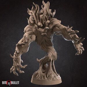 May include: A brown, unpainted resin miniature figure of a humanoid creature with a textured, flame-like or root-like body structure, standing on a circular base. The figure has long, reaching arms and a jagged, spiky silhouette. Text reads BITE THE BULLET.