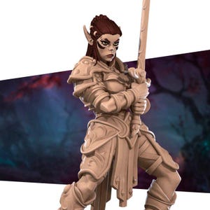 May include: A detailed figurine of a female warrior elf, clad in ornate armor and holding a sword. The figure has pointed ears, dark hair, and is posed in a dynamic stance. The armor features intricate designs, and the overall color palette is neutral with a fantasy theme.