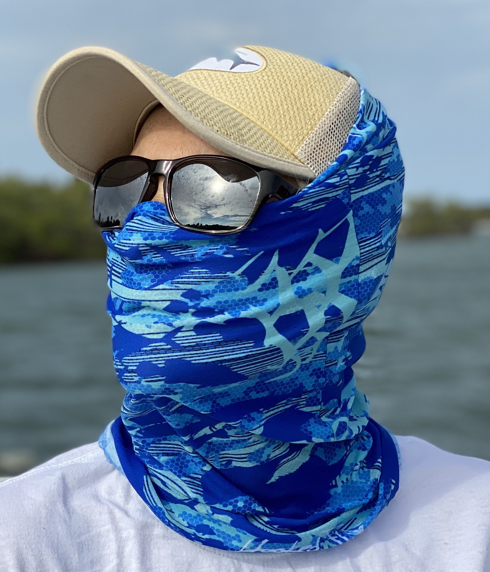Blue Camouflage Fish Print Unisex Outdoor Fishing and Hunting Sun  Protection Unique Art Face Mask and Neck Gaiter 