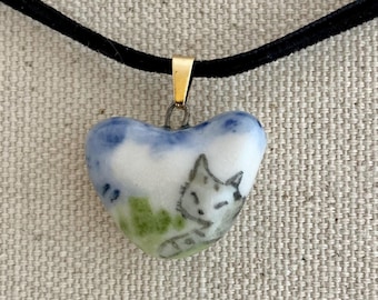 Ceramic Heart Cat Necklace: Hand-Painted Porcelain Charm