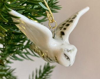 Handmade Porcelain Bird Ornament: Snowy Owl Christmas Decor