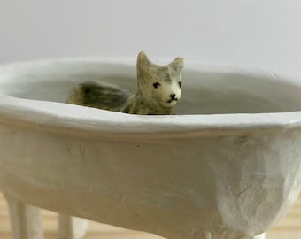 Handmade Miniature Ceramic Cat in Bathtub: Dollhouse Pet Figurine