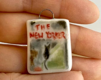 Hand-painted Porcelain Charm Necklace: Vintage Ceramic Magazine Covers of Cats