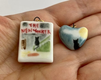 Hand-painted Porcelain Charm Necklace: Vintage Ceramic Magazine Covers of Cats