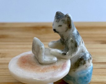 Ceramic Cat on Laptop Sculpture: Hand-Painted Miniature Kitty Figurine