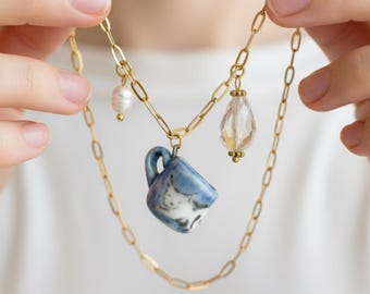 Handmade Porcelain Cat Mug Necklace: Whimsical Ceramic Pendant