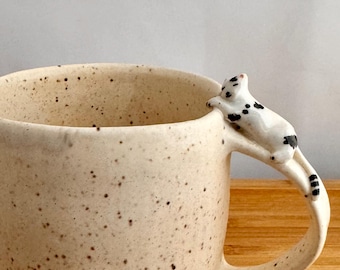 Handmade Ceramic Coffee Cup: Cat Miniature Figurine on Hand-Sculpted Mug with Handle