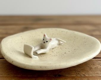 Handmade Ceramic Cat Jewelry Dish: Ring Holder, Catchall Bowl