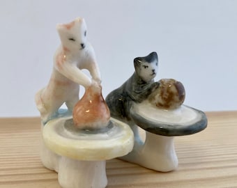 Handmade Miniature Ceramic Cat Potter Figurines: Dollhouse Collectibles