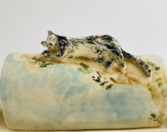 Handmade Ceramic Butter Dish with Sleeping Cat: Hand-painted Watercolor Illustration