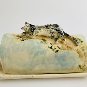 Ceramic Butter Dish with Sleeping Cat | Handmade Made to Order Lidded Container | Margarine Holder with Black Kitten| Gift for Cat Lovers