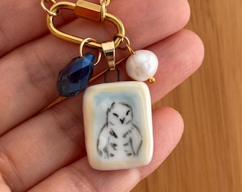 Hand-painted Porcelain Necklaces: Vintage-Inspired Ceramic Charms with Cat, Lemur, Cassette Tape, Rollerskate, Owl