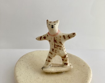 Hand-Sculpted Super Cat Figurine: Miniature Ceramic Cats with Capes Flying on Skateboard