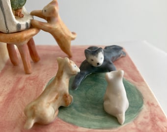 Miniature Still Life of Cats With Their Pets: Ceramic Vignette