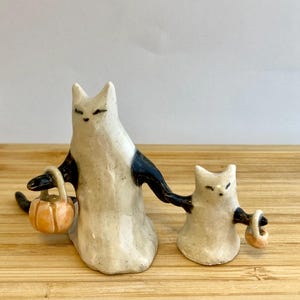 Handmade Ceramic Halloween Cats: Ghost Kitties and Vampire Cat Figurines
