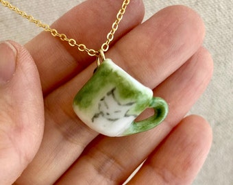 Handmade Porcelain Cat Mug Necklace: Whimsical Ceramic Pendant