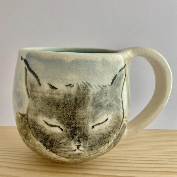 Handmade Ceramic Cat Mug: Hand-Painted Watercolor Illustration