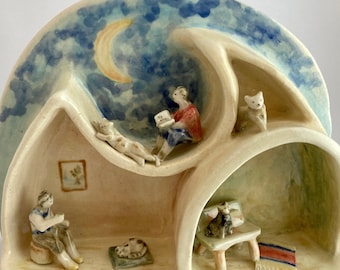 Goodnight Cat Ceramic Diorama: Handmade Ceramic Vignette