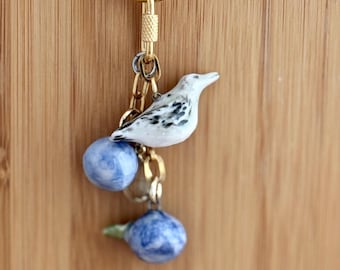 Hand-Painted Porcelain Bird and Cat Charms for Necklace or Keychain: Handmade Ceramic Pendants