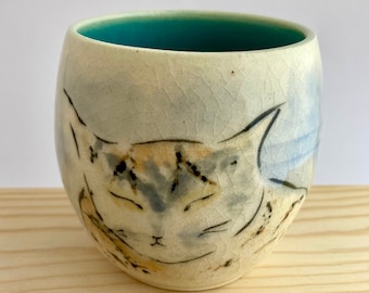 Handmade Ceramic Cat Cup: Watercolor Illustration, Unique Tea Coffee Tumbler