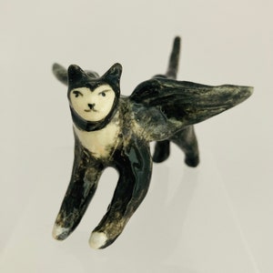 Ceramic Bat Cat | Handmade Black Cat with Wings | Vampire Bat Cats for Halloween Decor| Vampire Cat Figurine | Quirky Small Statue