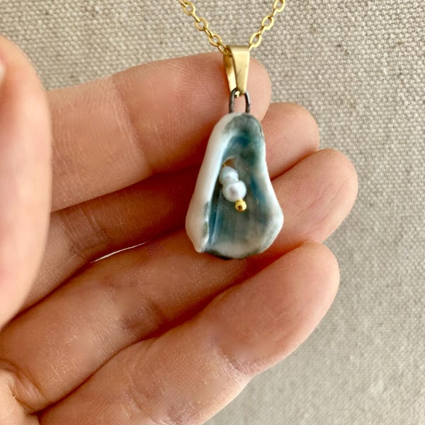 Handmade Porcelain Oyster Shell Necklace: Pearl Charm, Gold Luster