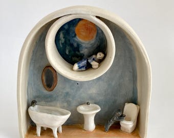 Goodnight Cat Miniature Ceramic House: Handmade Storybook Diorama