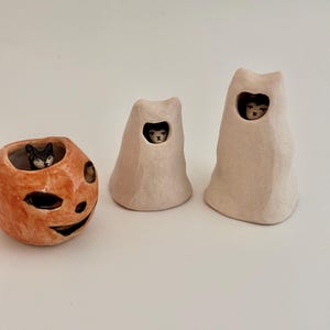 May include: A ceramic orange pumpkin-shaped vessel containing a small black and white cat figure, alongside two off-white ghost-shaped ceramic figures, each featuring a small cat face peering through a cutout opening in the upper section.