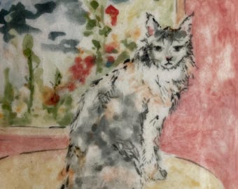 Hand-Painted Cat Tile: Watercolor Ceramic Art, Miniature Vignette