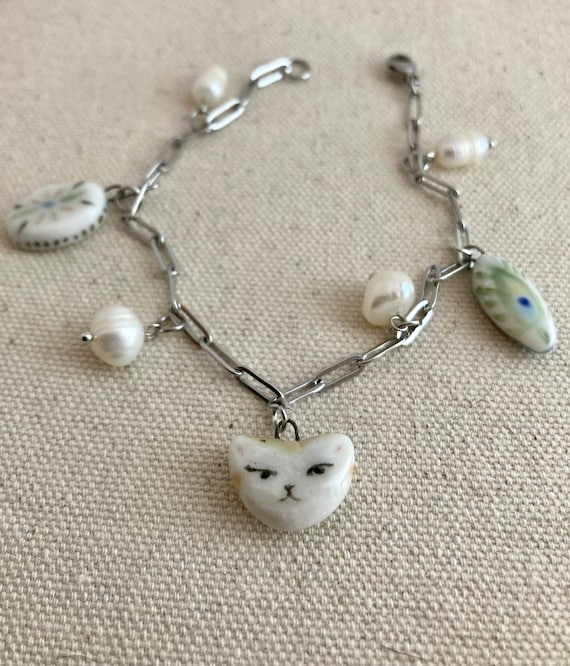 Handmade Porcelain Charm Bracelet: Pearl & Gold Luster Jewelry