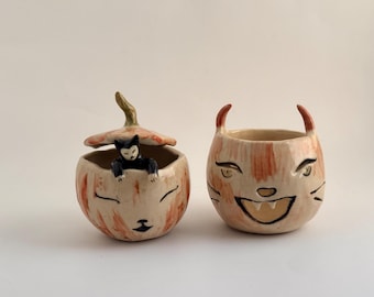 Cat Pumpkin Night Light, Handmade Ceramic Halloween Decor, Black Cat and Devil Kitty