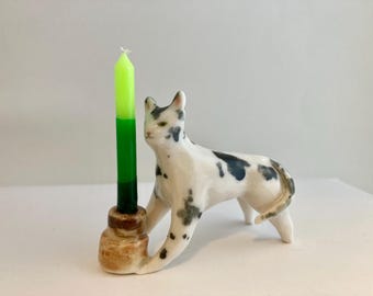 Handmade Cat Birthday Candle Holder: Ceramic Kitty Figurine
