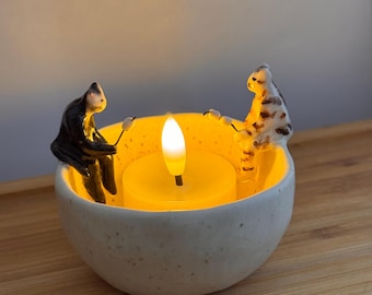 Hand-Painted Night Light, Halloween Black and Tabby Felines LED Campfire