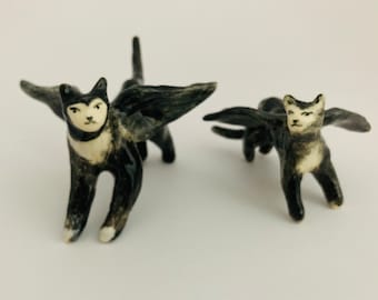 Handmade Ceramic Bat Cat Figurine: Quirky Halloween Decor