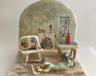 Miniature Still Life of Dog, Cat, and Boy: Handmade Ceramic Vignette