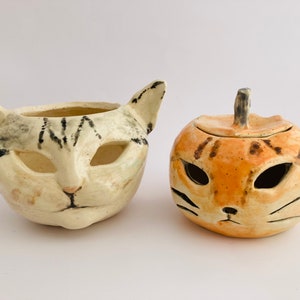 Handmade Cat Jack o&#39; Lantern| Ceramic Halloween Cat Pumpkin Tea Light Holder | Tabby Cat Luminary | Votive Tea Light Holder with Lid