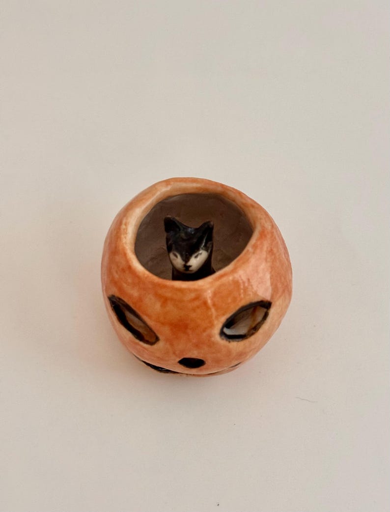 May include: A small, round, orange ceramic vessel shaped like a jack-o'-lantern with carved eye and mouth openings. Inside the hollow center of the orange pumpkin-like container sits a tiny, sculpted black and white cat figurine facing forward.