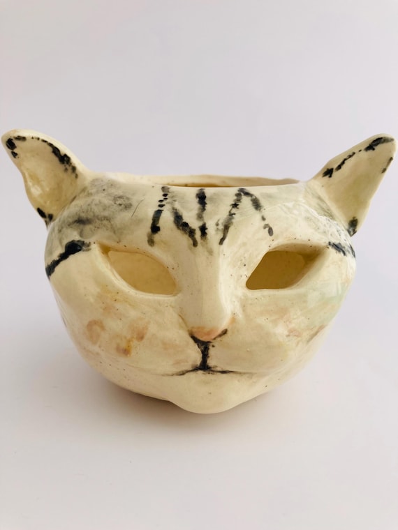 Handmade Ceramic Cat Jack o' Lantern Tea Light Holder: Tabby Cat Luminary