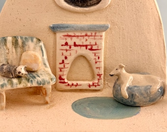 Miniature Still Life of Christmas Cats and Dogs: Hand-painted Ceramic Diorama for Christmas Holiday Display