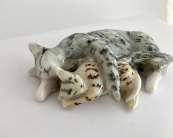 Handmade Ceramic Tabby Cats Sculpture: Mother and Kitten Figurine
