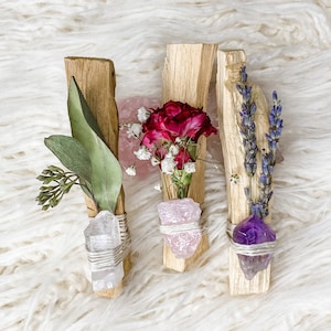 Floral Palo Santo Trio with Clear Quartz Rose Quartz and Amethyst Crystals Lavender Rose Hand Wrapped Gifts For Her Home Decor Meditation