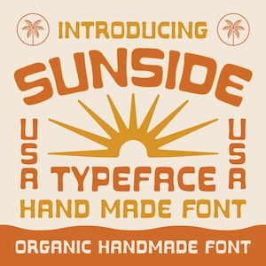 Könnte beinhalten: Vorstellung von Sunside, einer handgefertigten Schriftart mit einem organischen, handgefertigten Schriftstil. Das Design zeigt eine stilisierte Sonne mit Strahlen und den Text "USA" auf beiden Seiten.