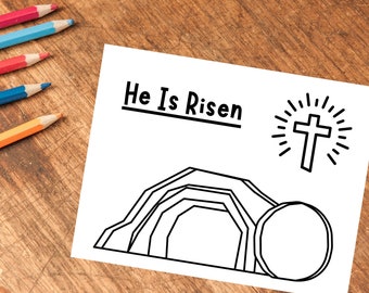 Ha resucitado página para colorear / Arte preescolar de Pascua / Descarga digital cristiana / Iglesia imprimible