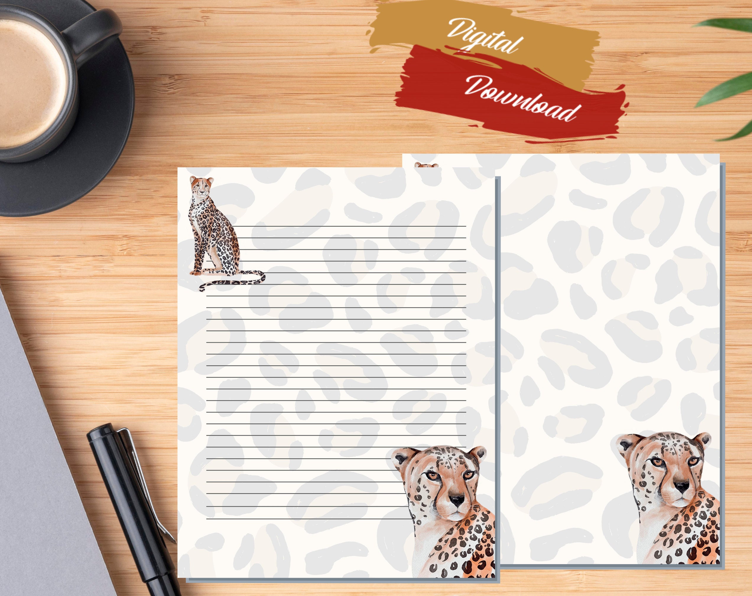 Cheetah Printable Stationery, Digital Download Printable Letter Writing ...