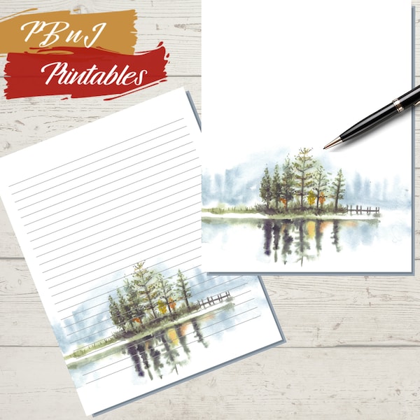 Printable Watercolor Trees on a Lake Letter Writing Paper, Printable Landscape Stationery, A4, US Letter, 5x7 Lined, Unlined Notes