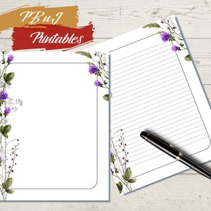 Druckbare lila Blumen Briefpapier, digitaler Download, druckbare Blumen Briefpapier, A4, US Letter liniert, unliniert Notizen