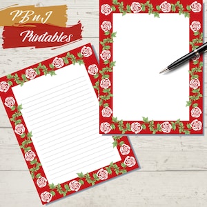 Papel de escritura con borde floral, Descarga digital, Papelería botánica, Papelería imprimible, Día de San Valentín, A4, Carta de EE. UU., forrado, Sin forro