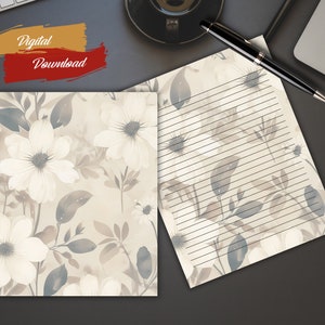 Papel de escritura vintage floral, papelería imprimible, forrado y sin forro, para escritura de cartas y diarios, regalo para escritores, A4, carta de EE. UU.