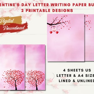 Papel para escribir cartas del Día de San Valentín, Descarga digital, 2 diseños, Paquete de papel imprimible del Día de San Valentín, A4, Carta de EE. UU., Forrado, Sin forro